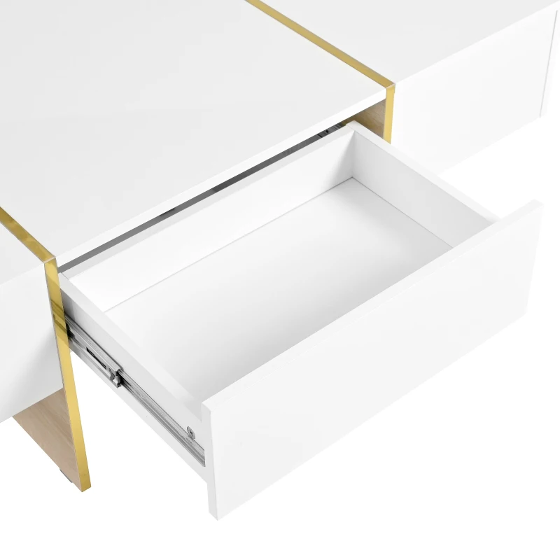 Minimalist High Gloss Coffee Table with 2 Drawers, Storage Rectangle Sofa Table, with Golden Wood Legs, 47" L x 31.5" W x 15.5" H, White