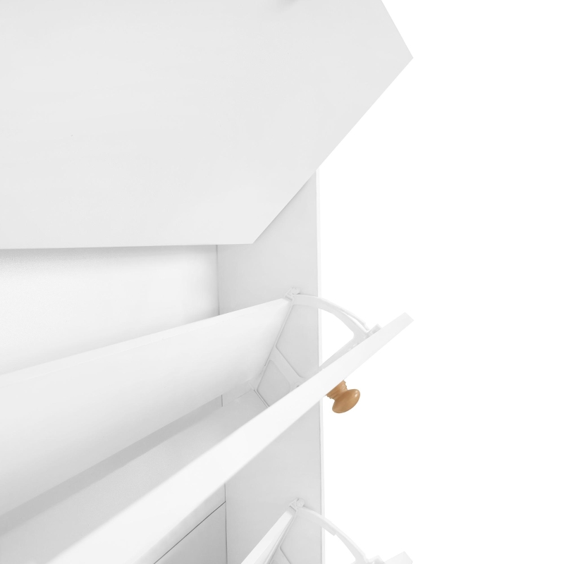 Multifunctional Shoe Cabinet with Storage Shelf, 6 Drawers, 4 Hooks and Tempered Glass Doors, Modern Hall Tree, 62" L x 7" W x 82" H, White