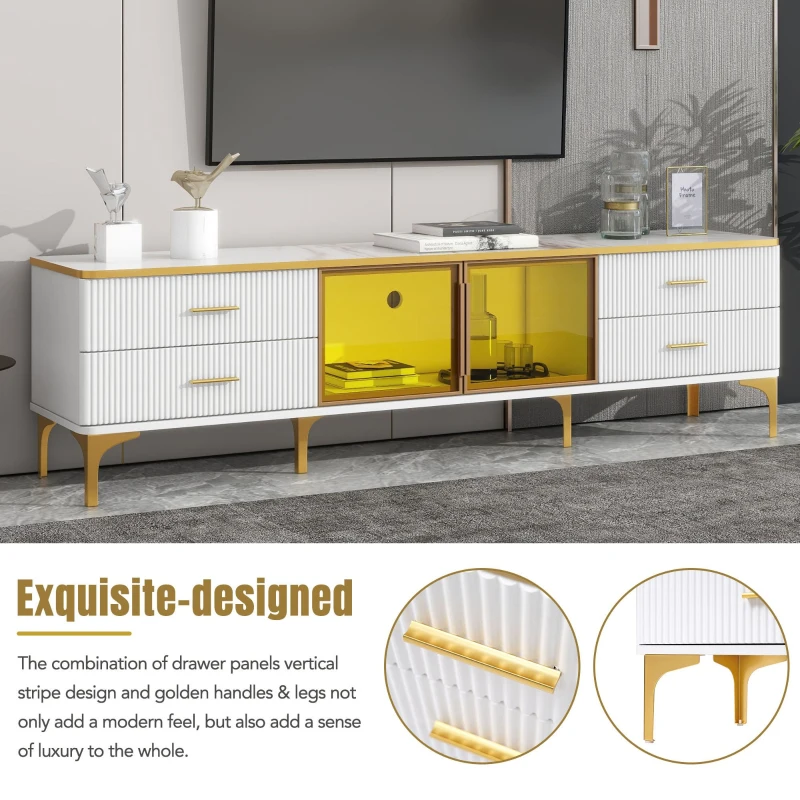Vinsetto Stylish LED TV Stand with Marble-Veined Table Top, Brown Glass Storage Cabinet, Golden Legs & Handles, Fits TVs Up to 78", Gold+White