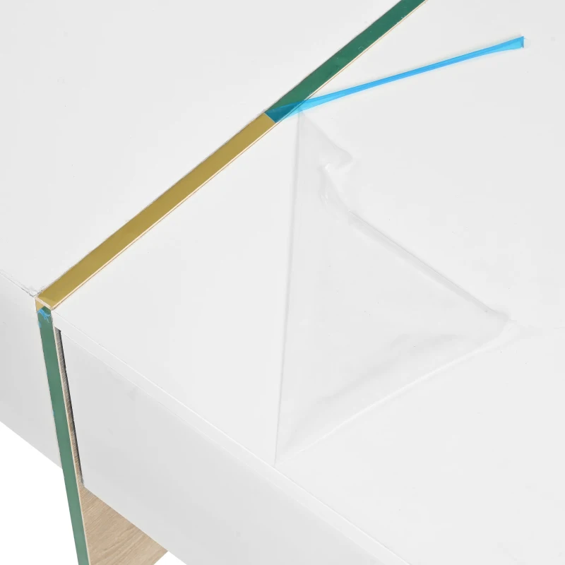 Minimalist High Gloss Coffee Table with 2 Drawers, Storage Rectangle Sofa Table, with Golden Wood Legs, 47" L x 31.5" W x 15.5" H, White