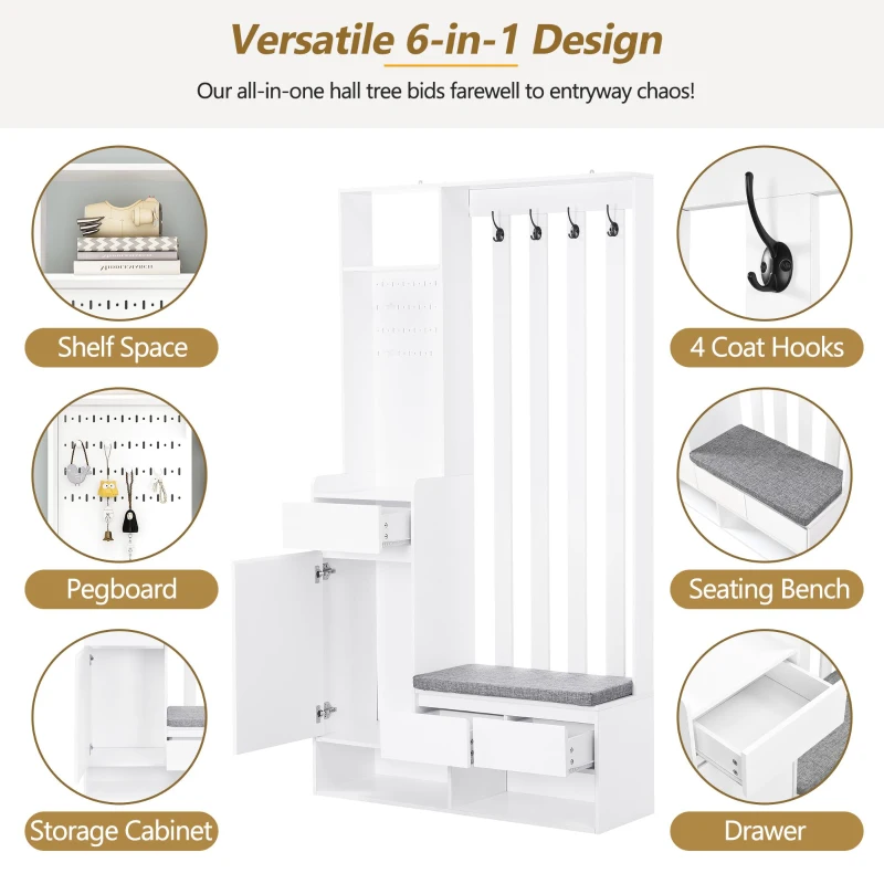 Contemporary Hall Tree with Cushioned Storage Bench, Multifunctional Coat Rack Stand, with Pegboard and 4 Hooks, 39.5" L x 12" W x 71" H, White