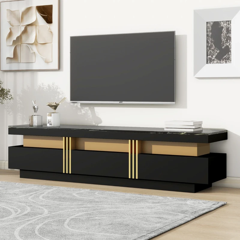 Vinsetto Luxury TV Stand with High Gloss Faux Marble Top for TVs Up to 78", Media Console with Golden Panel Design and 3 Drawers, Black+Gold