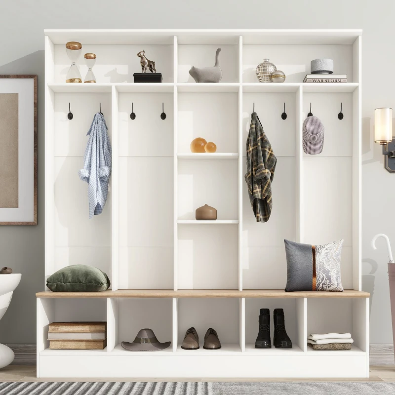 Wide Hall Tree with Storage Bench, Cube Storage, Shelves and 8 Hooks, Multifunctional Coat Rack, Shoe Cabinet, 67" L x 15" W x 72" H, White