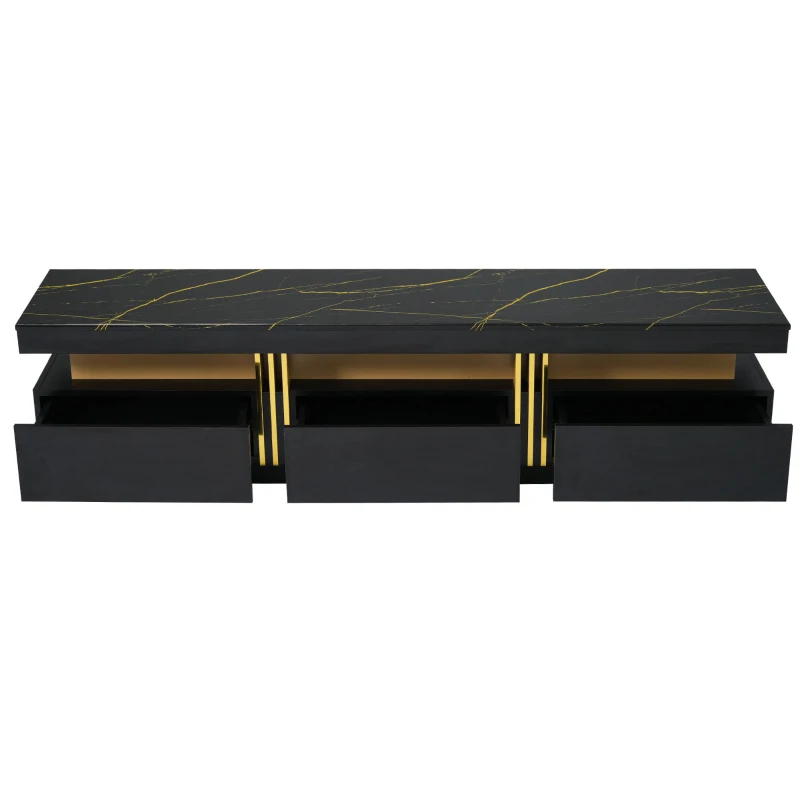 Vinsetto Luxury TV Stand with High Gloss Faux Marble Top for TVs Up to 78", Media Console with Golden Panel Design and 3 Drawers, Black+Gold