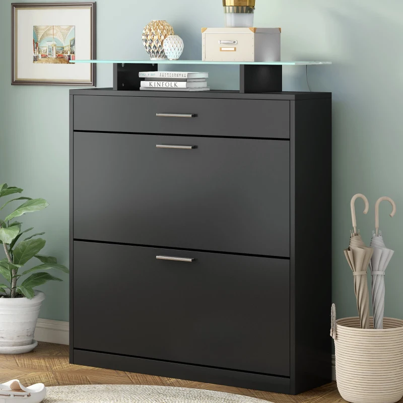 Shoe Cabinet with 2 Flip Drawers and Adjustable Shoe Storage, Tempered Glass Top, LED Light, 35" L x 9.5" W x 41" H, Black
