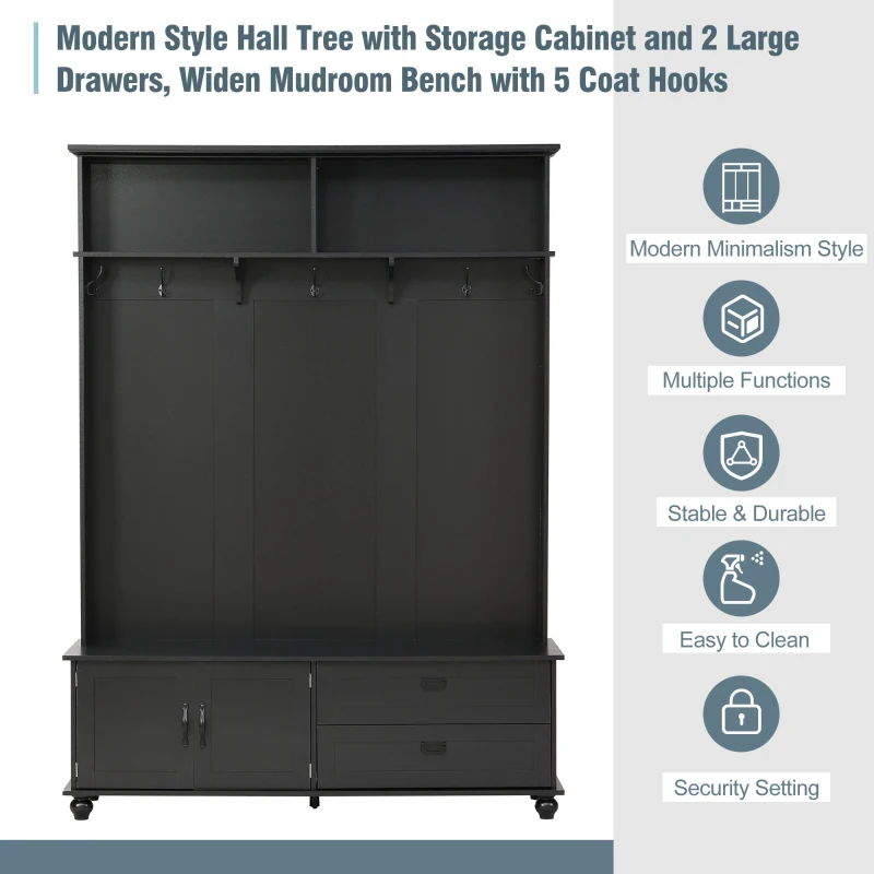 Modern Hall Tree with Storage Cabinet, 2 Large Drawers, Mudroom Bench with 5 Coat Hooks, 59" L x 16" W x 80.5" H, Black