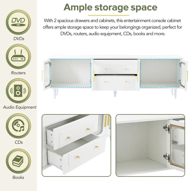 Vinsetto Retro Design TV Stand with Fluted Glass Doors, 2 Drawers and Cabinets, Fits TVs Up to 78", 70" L x 16" W x 22" H, White