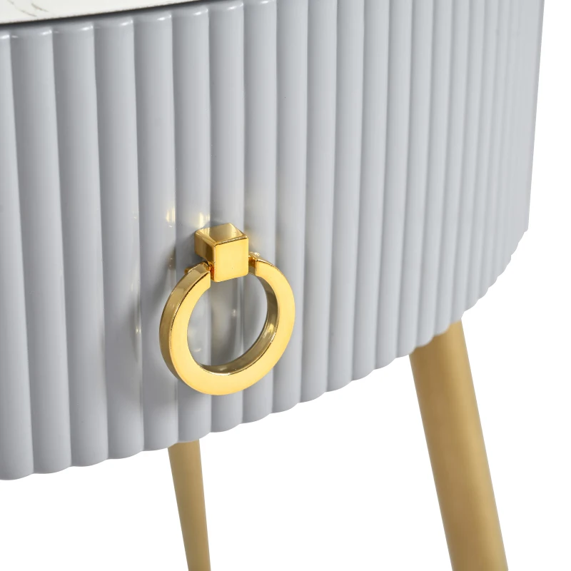 Set of 2 Modern End Tables with Storage, Faux Marble Tabletops, Fluted Panels, and Golden Legs, 19.5" L x 19.5" W x 20.5" H, Grey+Gold