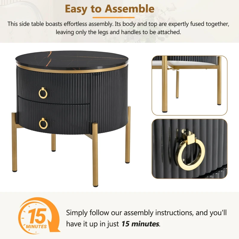 Vinsetto Round End Table with Storage Drawers, Modern Faux Marble Tabletop, Metal Legs and Handles, Black+Gold