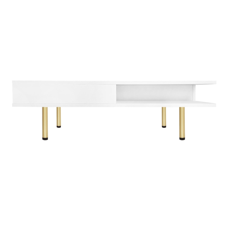 Exquisite High Gloss Coffee Table with 4 Golden Legs, 2 Small Drawers, and 2-Tier Square Design for Living Room, 33.5", White