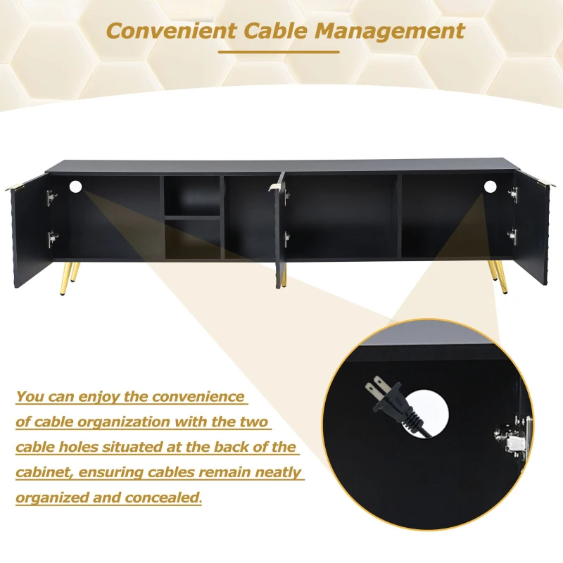 Vinsetto Modern Minimalist Geometric TV Stand with Metal Handles and Gold Legs, Fits TVs Up to 80", Multi-functional TV Stand with Storage Cabinets, Black+Gold