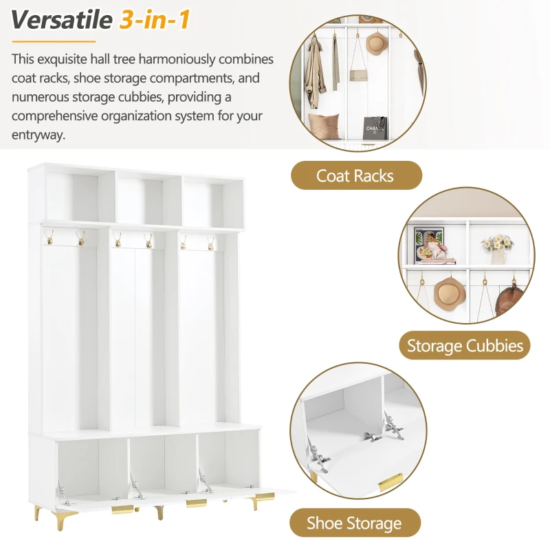 Modern Hall Tree with Bench, High Gloss Fluted Doors, 6 Gold Hooks, and Storage Cubbies, 49.5" L x 15.5" W x 75.5" H, White+Gold