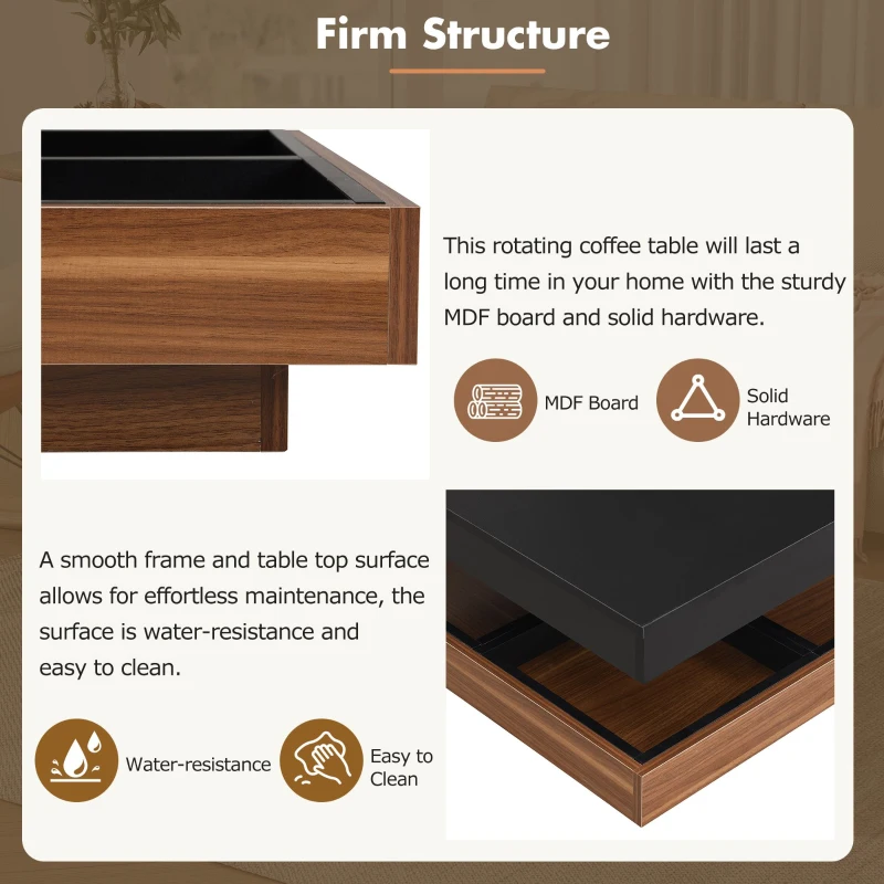 Square 360° Rotating Wood Coffee Table with 3 Detachable Trays, Storage Table for Living Room, 27.5" L x 27.5" W x 14" H, Black+Dark Walnut