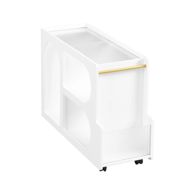 Mobile End Table with Lockable Wheels, Fluted Tempered Glass, Golden Round Rod, Side Table for Living room, 31.5" L x 12" W x 23" H, White