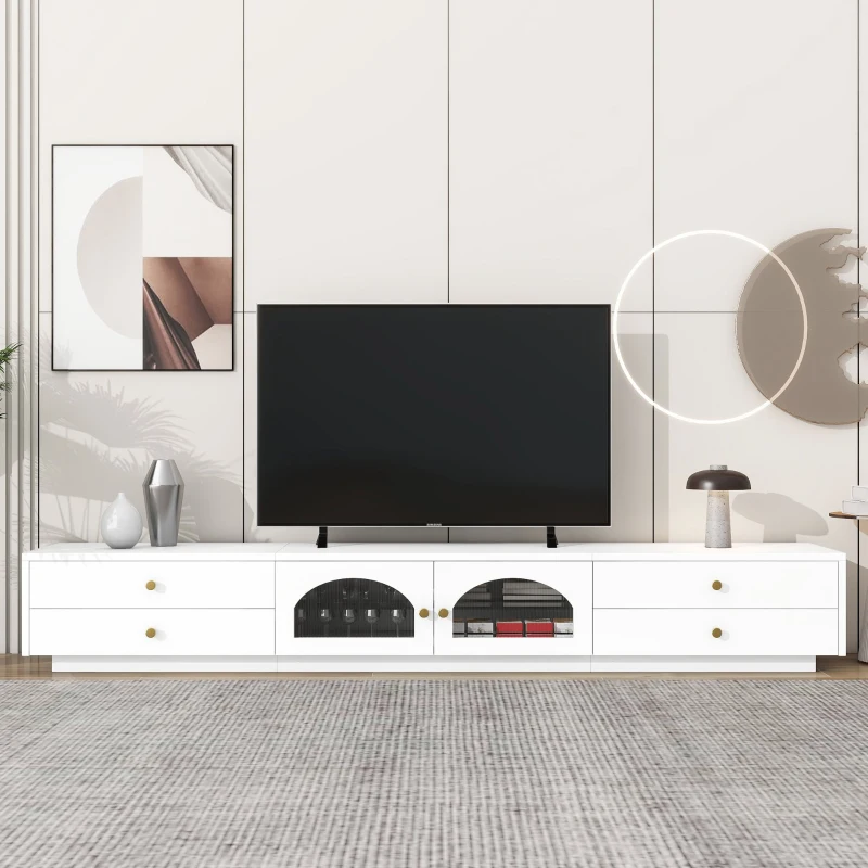 Luxurious TV Stand with Fluted Glass Doors, Media Console for TVs Up to 95'', Tempered Glass Shelf, Multiple Storage Options, White