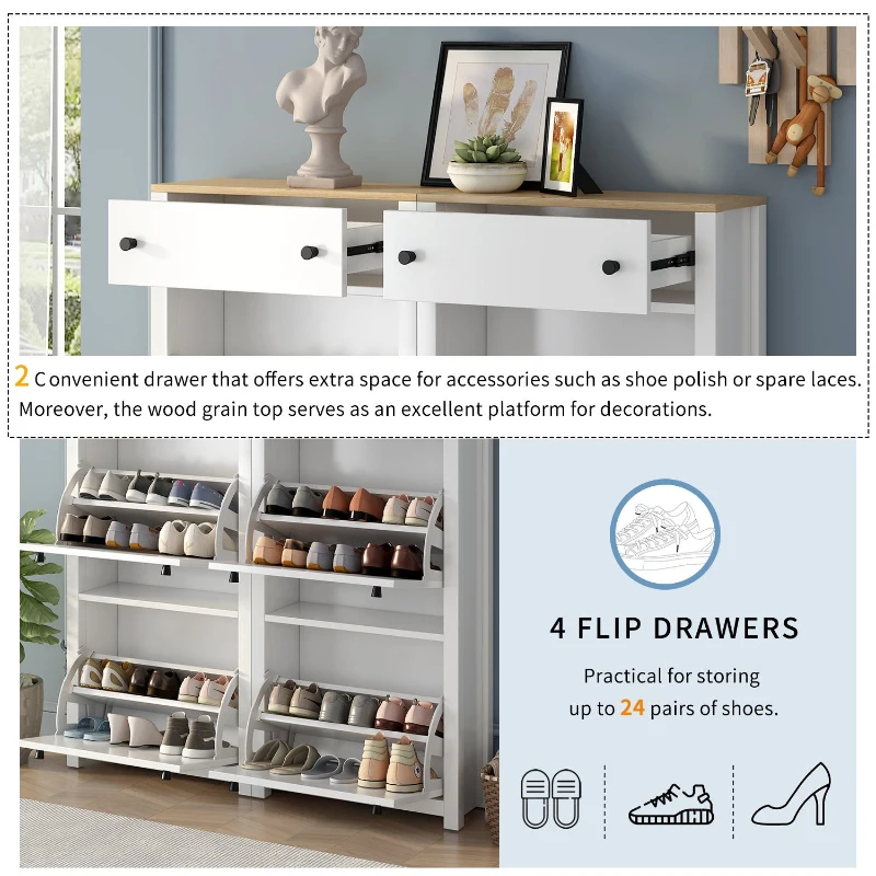 Modern Slim Shoe Cabinet Set with 4 Flip Drawers, Wood Grain Pattern Top, Adjustable Panels, Shoe Rack for Hallway, White