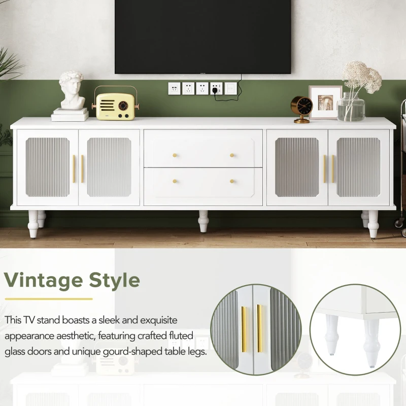 Vinsetto Retro Design TV Stand with Fluted Glass Doors, 2 Drawers and Cabinets, Fits TVs Up to 78", 70" L x 16" W x 22" H, White