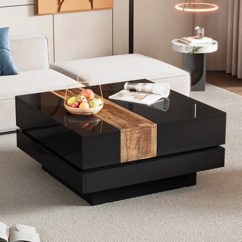 Vinsetto 31.5'' Square Coffee Table with Sliding Tabletop, High Gloss Finish, Hidden Storage Compartment, Extendable to 45.5'', Black