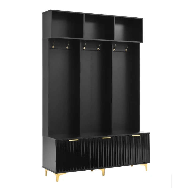Modern Hall Tree with Bench, High Gloss Fluted Doors, 6 Gold Hooks, and Storage Cubbies, 49.5" L x 15.5" W x 75.5" H, Black+Gold
