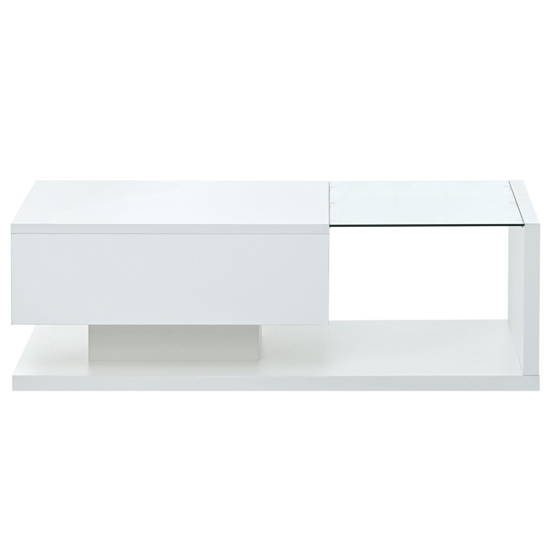 Modern Coffee Table with Tempered Glass, Wooden Cocktail Table with High-Gloss UV Surface, 2-Tier Rectangle Center Table for Living Room, White