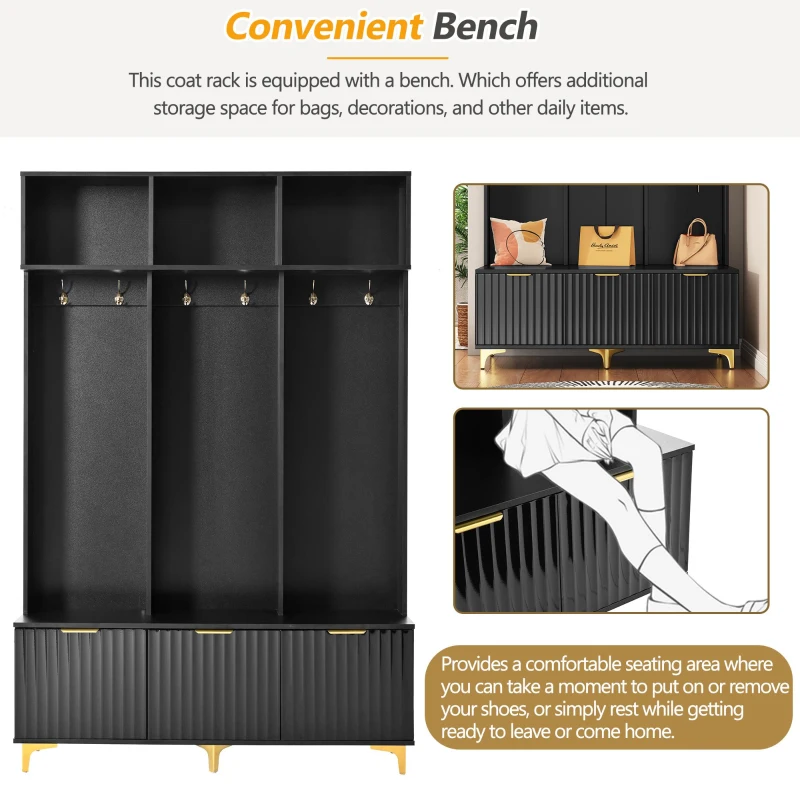 Modern Hall Tree with Bench, High Gloss Fluted Doors, 6 Gold Hooks, and Storage Cubbies, 49.5" L x 15.5" W x 75.5" H, Black+Gold