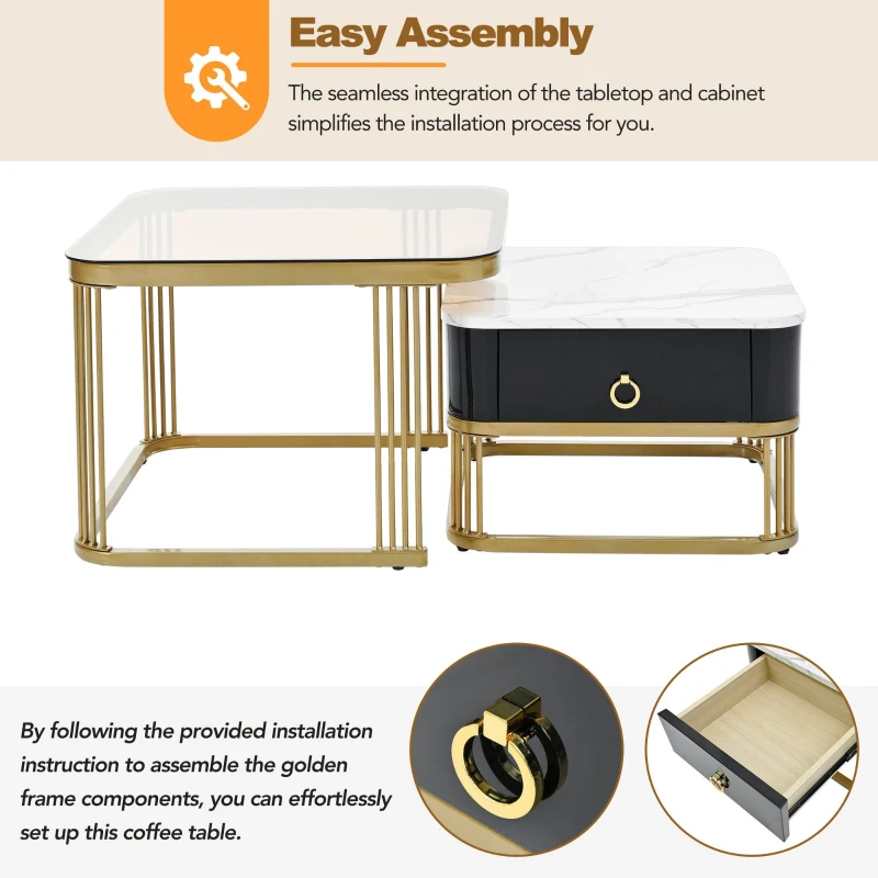 Nesting Coffee Table Set of 2 with Drawer, Brown Tempered Glass and High Gloss Marble Grain Tabletop, 24" W x 24" D x 16.5" H, Black+Gold