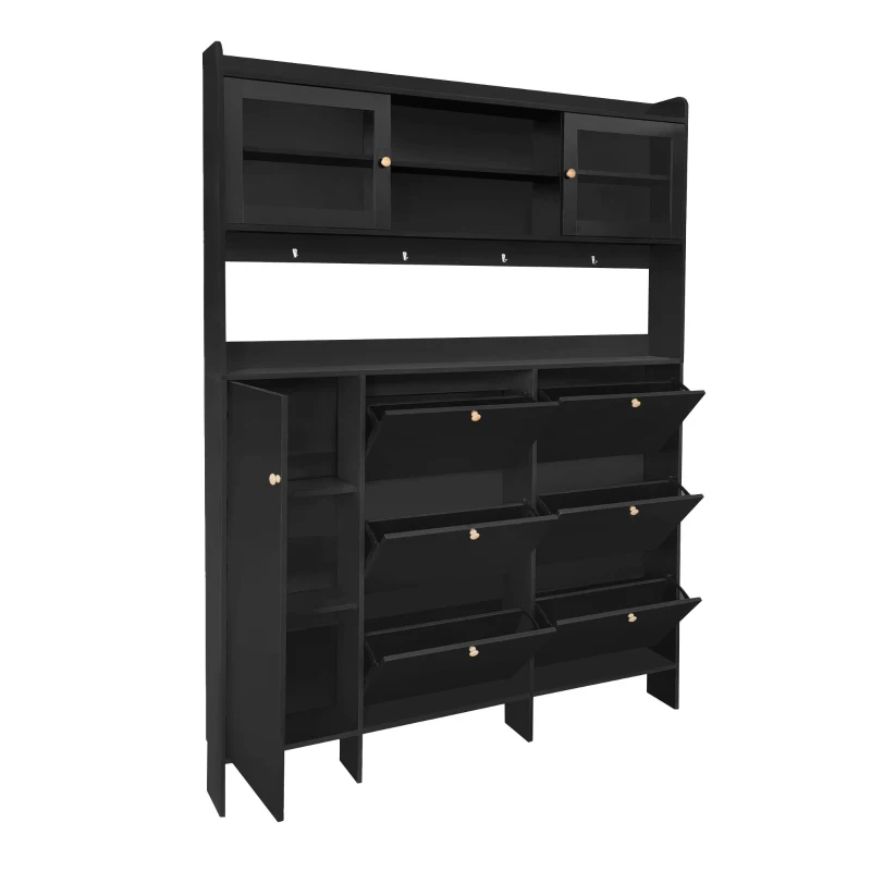 Vinsetto Multifunctional Shoe Cabinet with Storage Shelf, 6 Drawers, 4 Hooks and Tempered Glass Doors, Modern Hall Tree, 62" L x 7" W x 82" H, Black