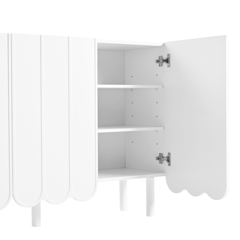 Minimalist Storage Shoe Cabinet with Adjustable Shelves, Solid Wood Legs, and Wave Doors, 47" L x 13.5" W x 31.5" H, White