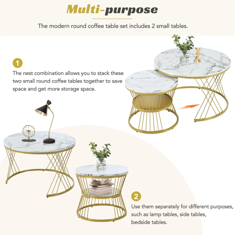 Nesting Coffee Table Set of 2 with Marble Grain Top and Golden Iron Frame, Space-Saving Design, Easy Assembly, White+Gold