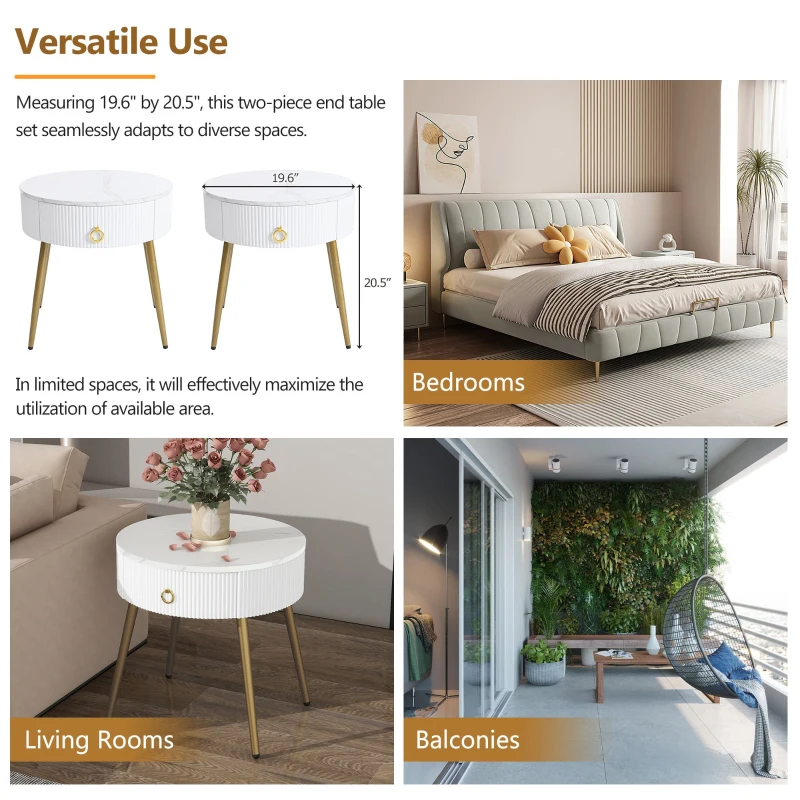 Vinsetto Set of 2 Modern End Tables with Storage, Faux Marble Tabletops, Fluted Panels, and Golden Legs, 19.5" L x 19.5" W x 20.5" H, White+Gold