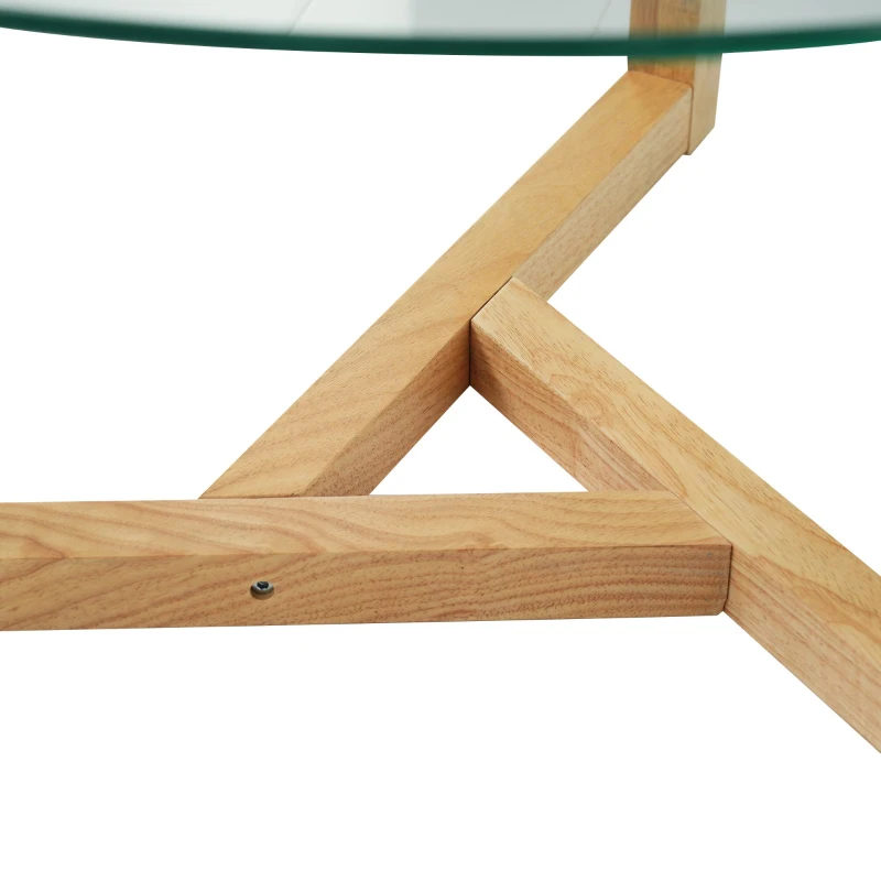 Round Coffee Table with Tempered Glass Top and Sturdy Wood Base, Modern Cocktail Table, Easy Assembly, 35.5" L x 35.5" W x 17.5" H, Natural