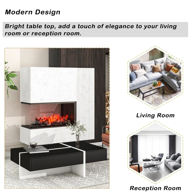 Contemporary Rectangle Coffee Table with Large Drawer, Modern High Gloss Surface, 45" L x 25.5" W x 13.5" H, Black