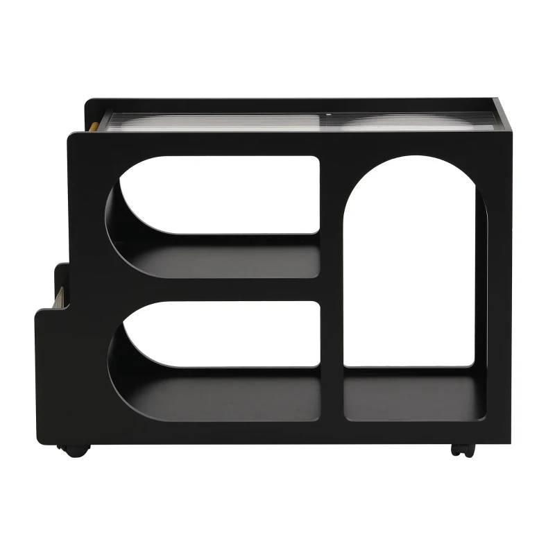 Mobile End Table with Lockable Wheels, Fluted Tempered Glass, Golden Round Rod, Side Table for Living room, 31.5" L x 12" W x 23" H, Black