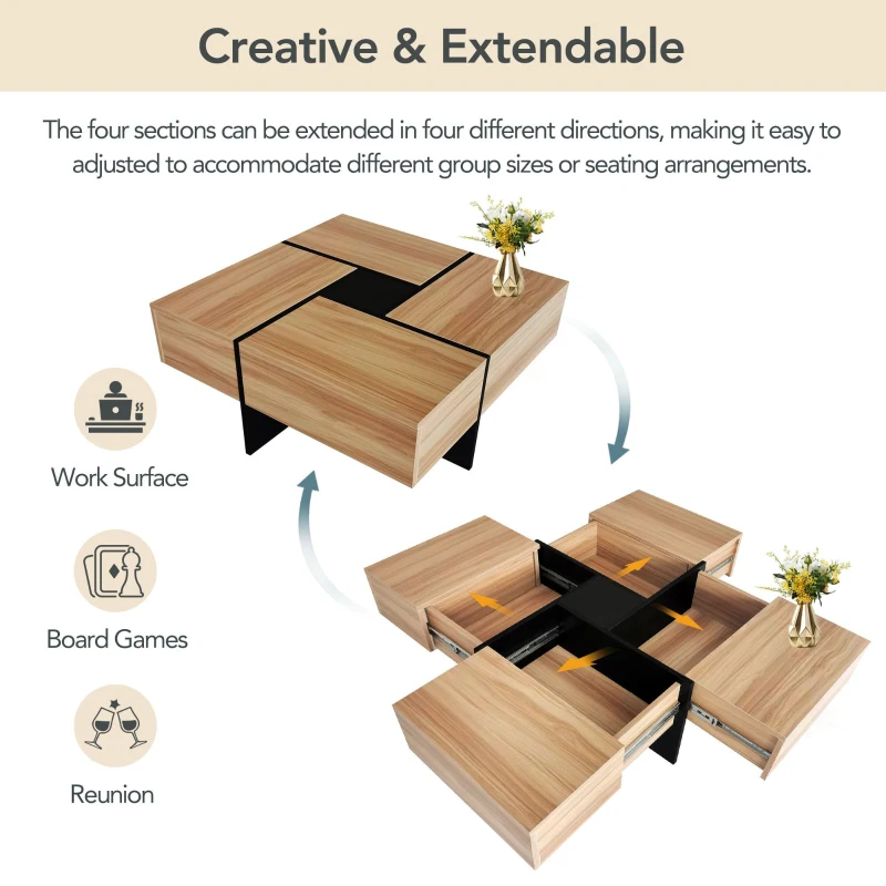 Unique Design Coffee Table with 4 Hidden Storage Compartments, Extendable Sliding Tabletop, UV High-Gloss Finish, 31.5"x31.5", Brown