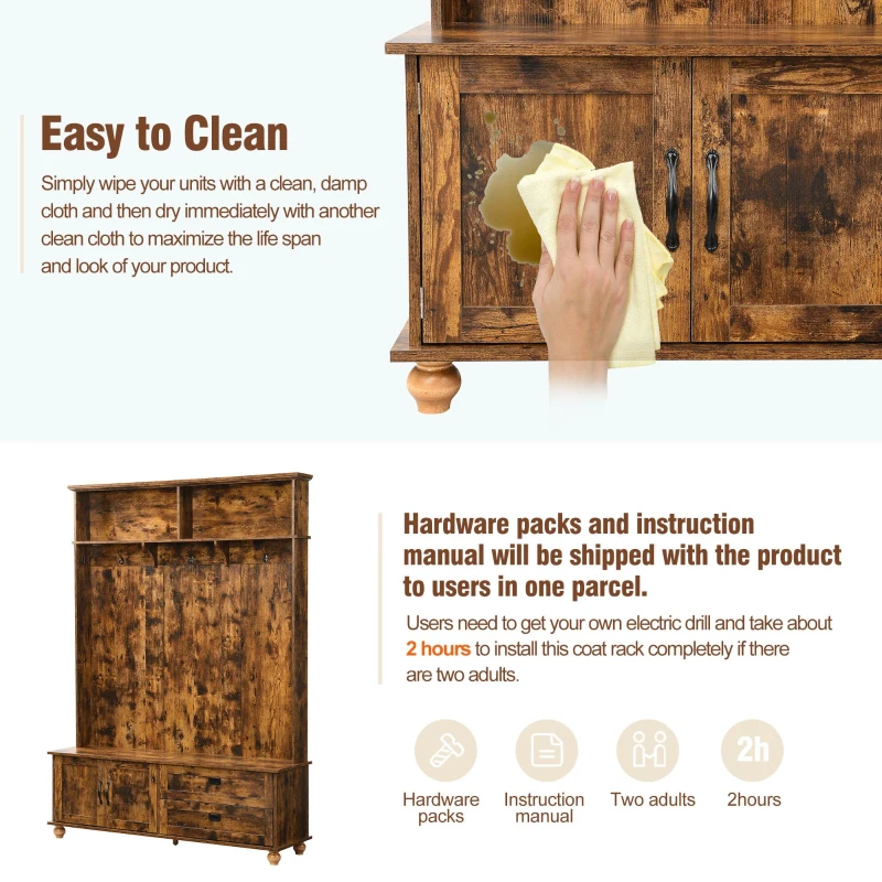 Vinsetto Modern Hall Tree with Storage Cabinet, 2 Large Drawers, Mudroom Bench with 5 Coat Hooks, 59" L x 16" W x 80.5" H, Rustic Brown