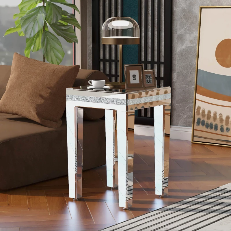 Modern Glass Mirrored Side Table with Crystal Design and Adjustable Height Legs, Easy Assembly End Table, 15" L x 15" W x 22.5" H, Silver