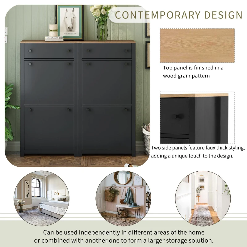 Modern Slim Shoe Cabinet Set with 4 Flip Drawers, Wood Grain Pattern Top, Adjustable Panels, Shoe Rack for Hallway, Black