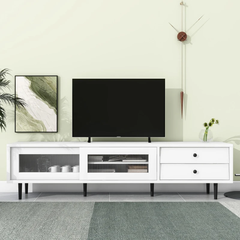 Vinsetto Chic Elegant Design TV Stand with Sliding Fluted Glass Doors, Slanted Drawers Media Console for TVs Up to 75", TV Cabinet with Storage Space, White