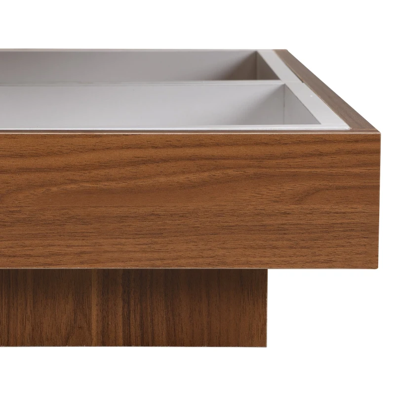 Square 360° Rotating Wood Coffee Table with 3 Detachable Trays, Storage Table for Living Room, 27.5" L x 27.5" W x 14" H, White+Walnut