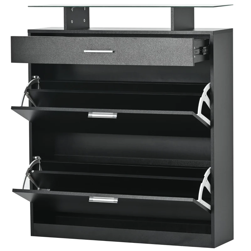 Shoe Cabinet with 2 Flip Drawers and Adjustable Shoe Storage, Tempered Glass Top, LED Light, 35" L x 9.5" W x 41" H, Black