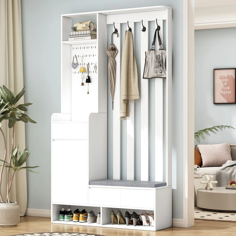 Contemporary Hall Tree with Cushioned Storage Bench, Multifunctional Coat Rack Stand, with Pegboard and 4 Hooks, 39.5" L x 12" W x 71" H, White