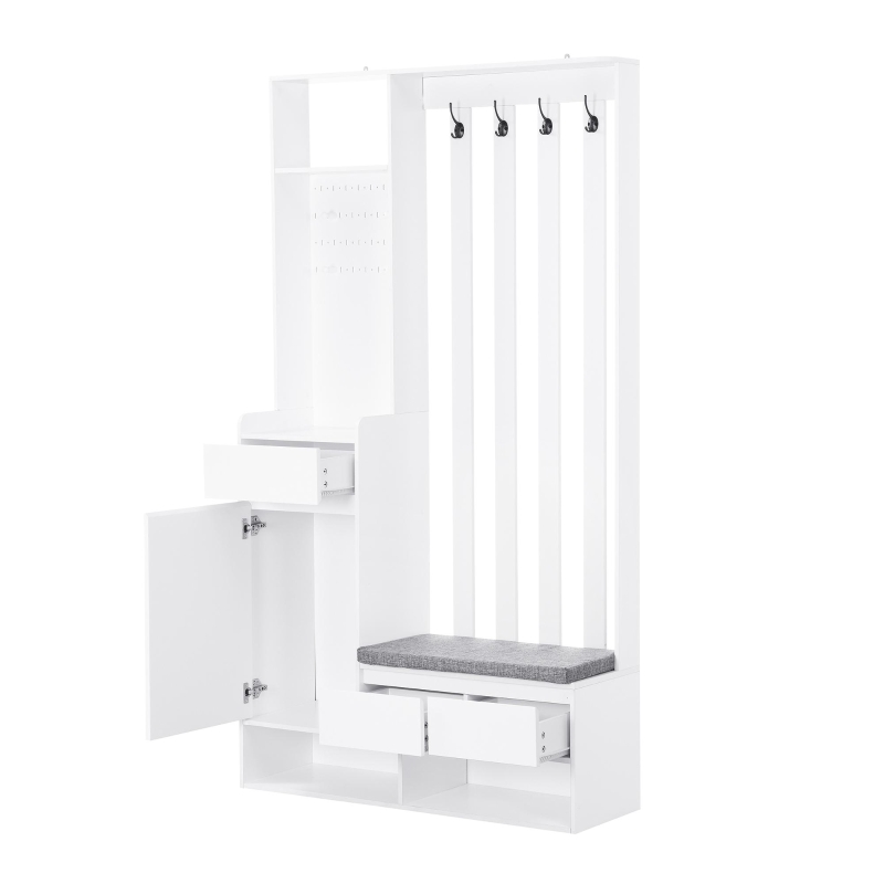 Contemporary Hall Tree with Cushioned Storage Bench, Multifunctional Coat Rack Stand, with Pegboard and 4 Hooks, 39.5" L x 12" W x 71" H, White