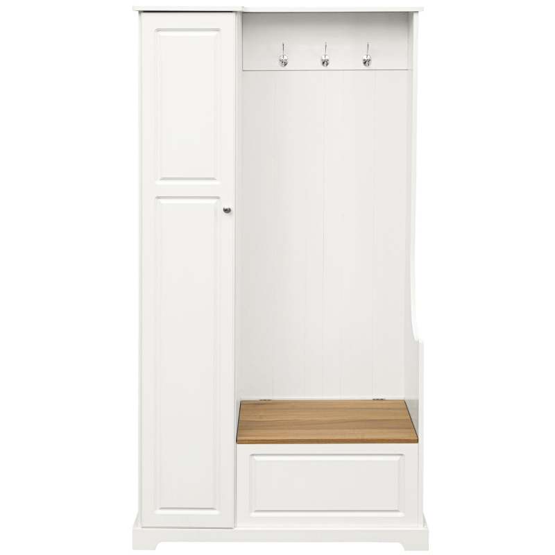 Hall Tree with Flip-Up Bench, Adjustable Shelves, and Hanging Hooks for Entryways, 36" L x 15.5" W x 70.5" H, White