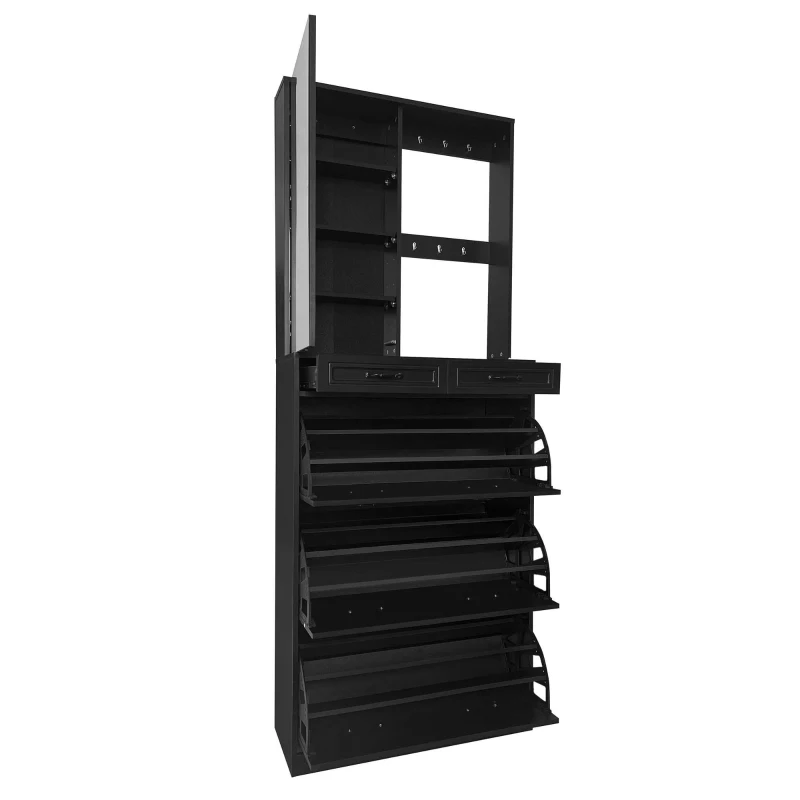 Vinsetto Multi-functional Shoe Cabinet with 3 Flip Drawers, Hall Tree with Mirror, Freestanding Entryway Organizer with 6 Hanging Hooks, Black