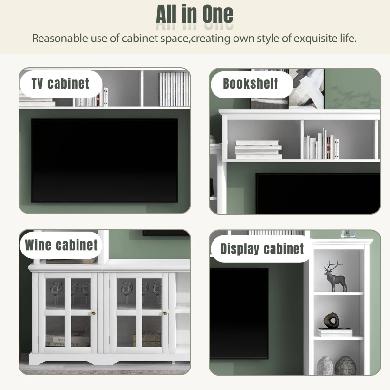 Modern Multifunctional TV Stand for TVs Up to 70" with Glass Door and Bridge, Minimalism Entertainment Wall Unit, 104" L x 15" W x 78.5" H, White