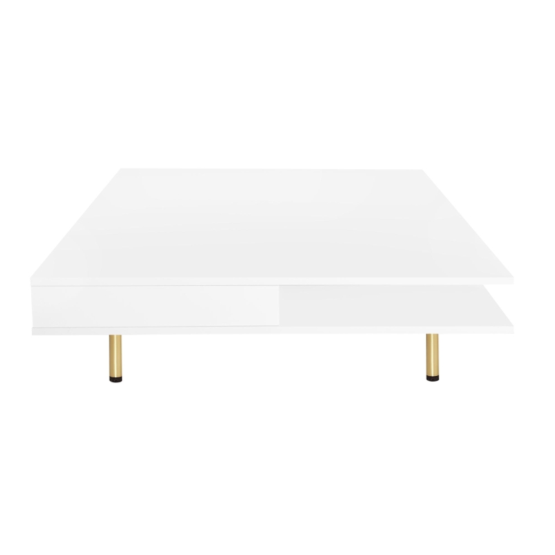 Exquisite High Gloss Coffee Table with 4 Golden Legs, 2 Small Drawers, and 2-Tier Square Design for Living Room, 33.5", White