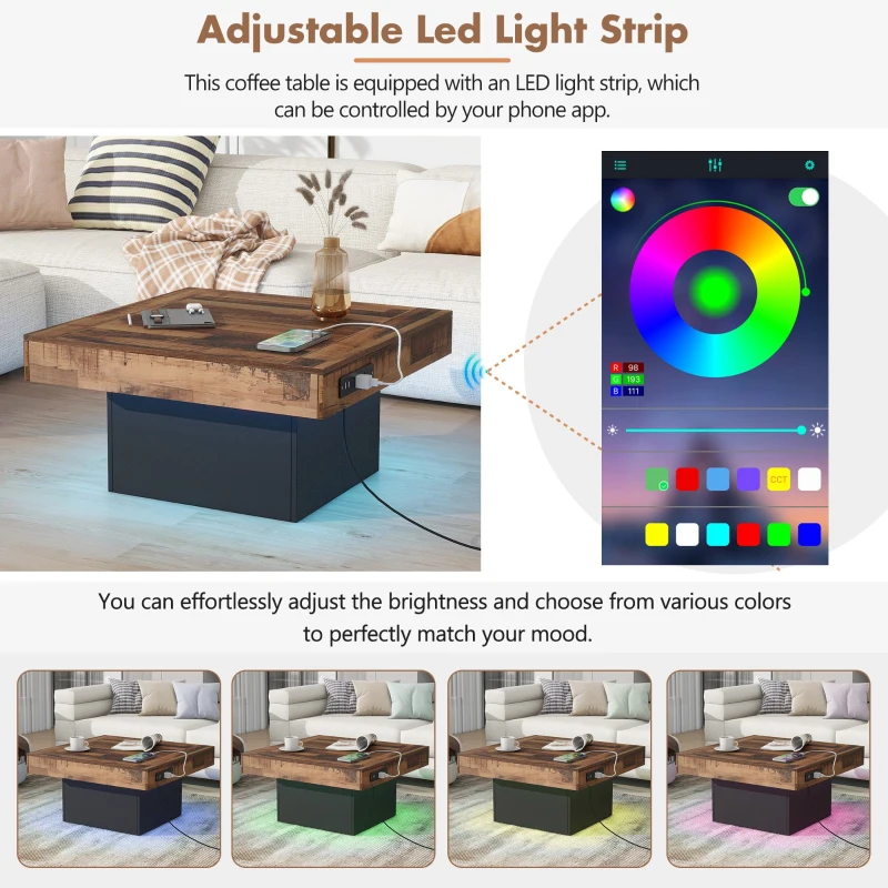 Farmhouse Wood Coffee Table with 2 USB Ports and Outlets, LED Light, Anti-Slip Foot Pads, Spliced Wood Grain, 31.5" L x 31.5" W x 16.5" H, Black