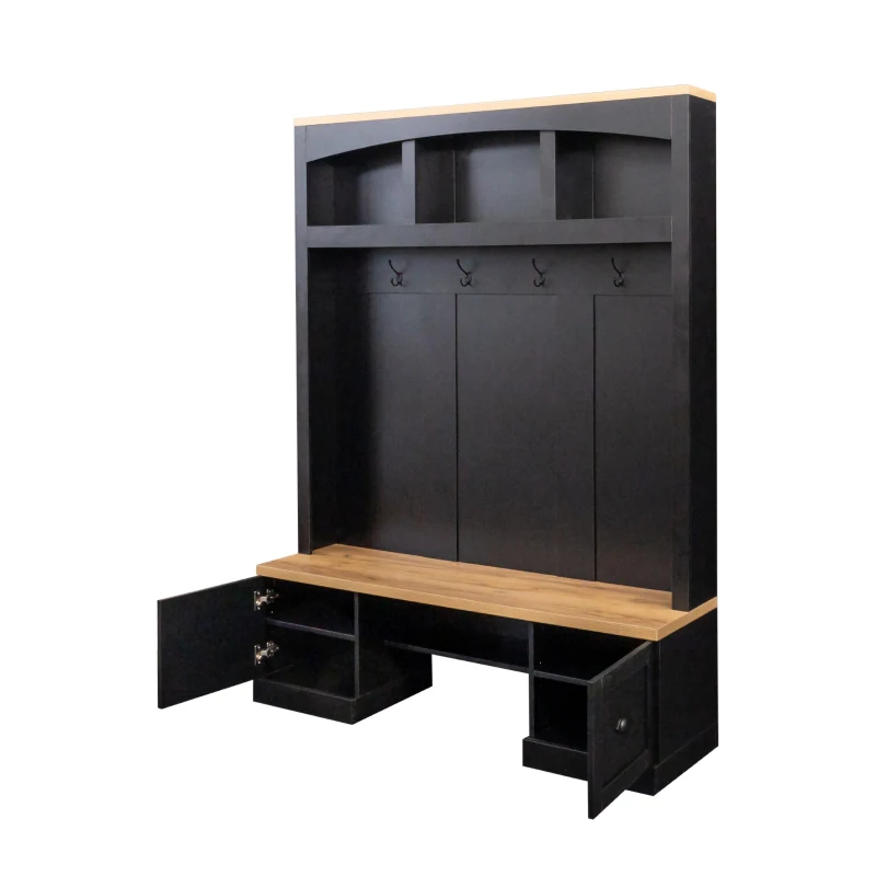 Farmhouse 4-in-1 Hall Tree with Bench and Adjustable Shelves, Multifunctional Storage Coat Rack with Hooks, 55" L x 16.5" W x 73.5" H, Black