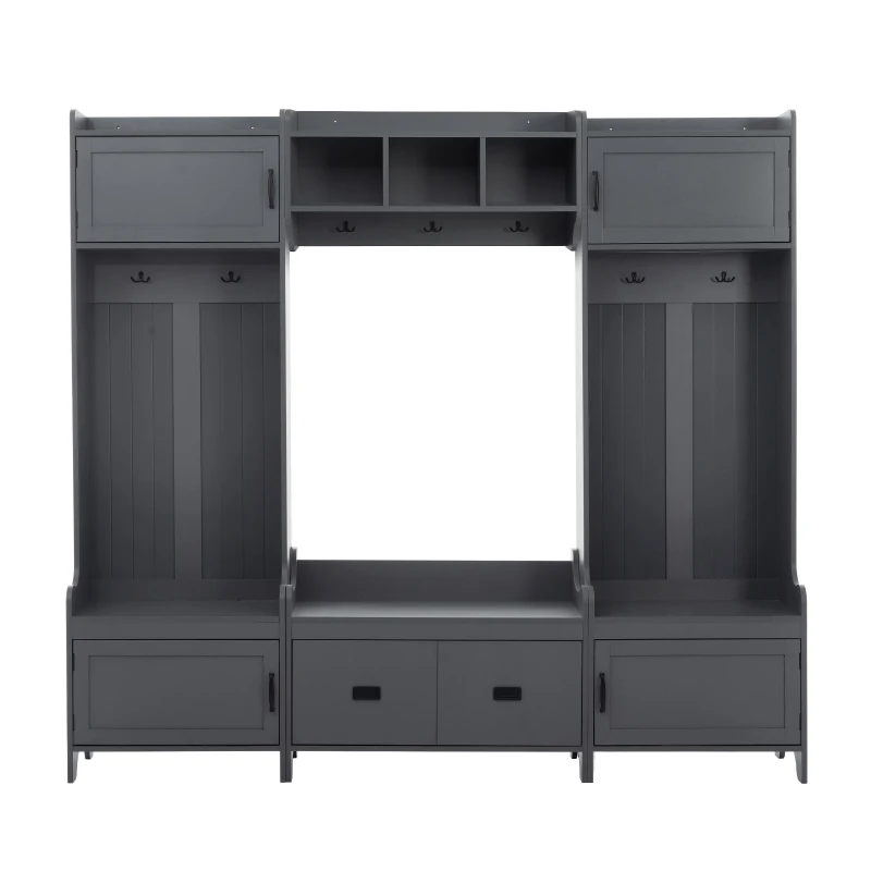 Vinsetto Modern 4-in-1 Hall Tree with Coat Rack, Storage Bench, Entryway Shelf, 7 Metal Hooks, and 4 Cabinets, 78.5" L x 15" W x 72" H, Grey