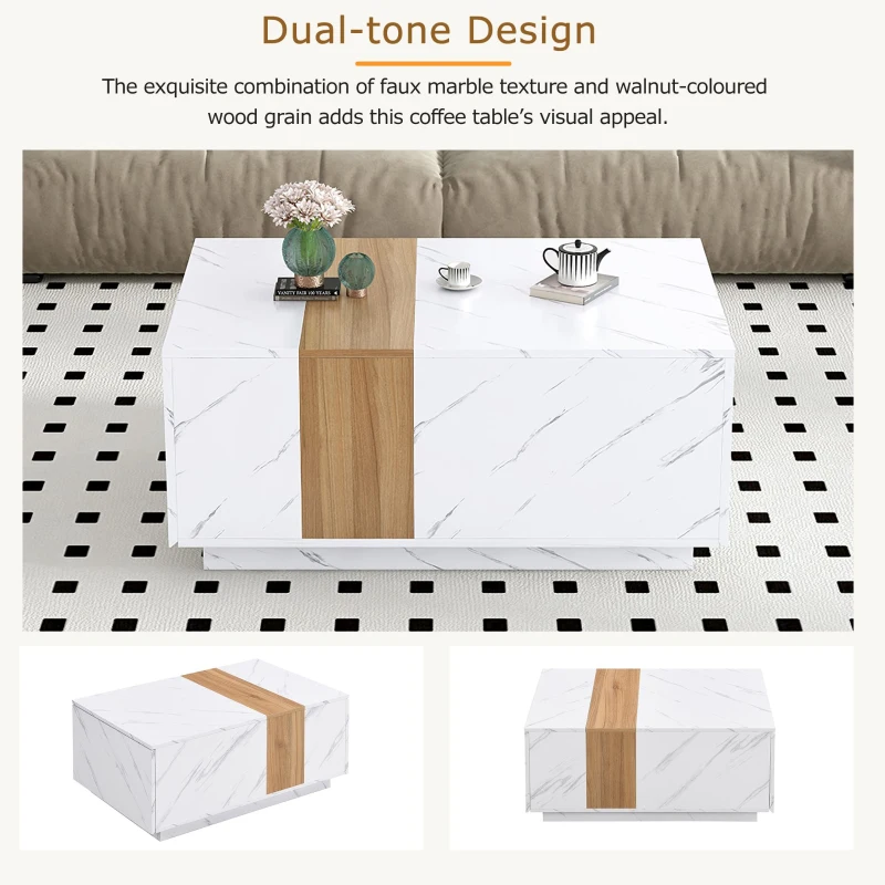 Vinsetto Modern Coffee Table with Faux Marble and Walnut Wood Grain Finish, Rectangular Center Table with 2 Storage Drawers, Space-Saving Design, White